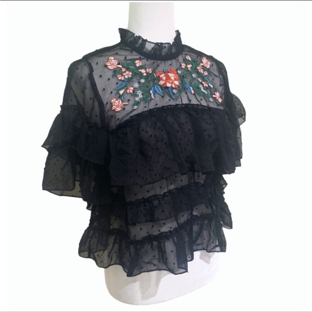 Rebellion Black Sheer Floral Embroidered Blouse Size S